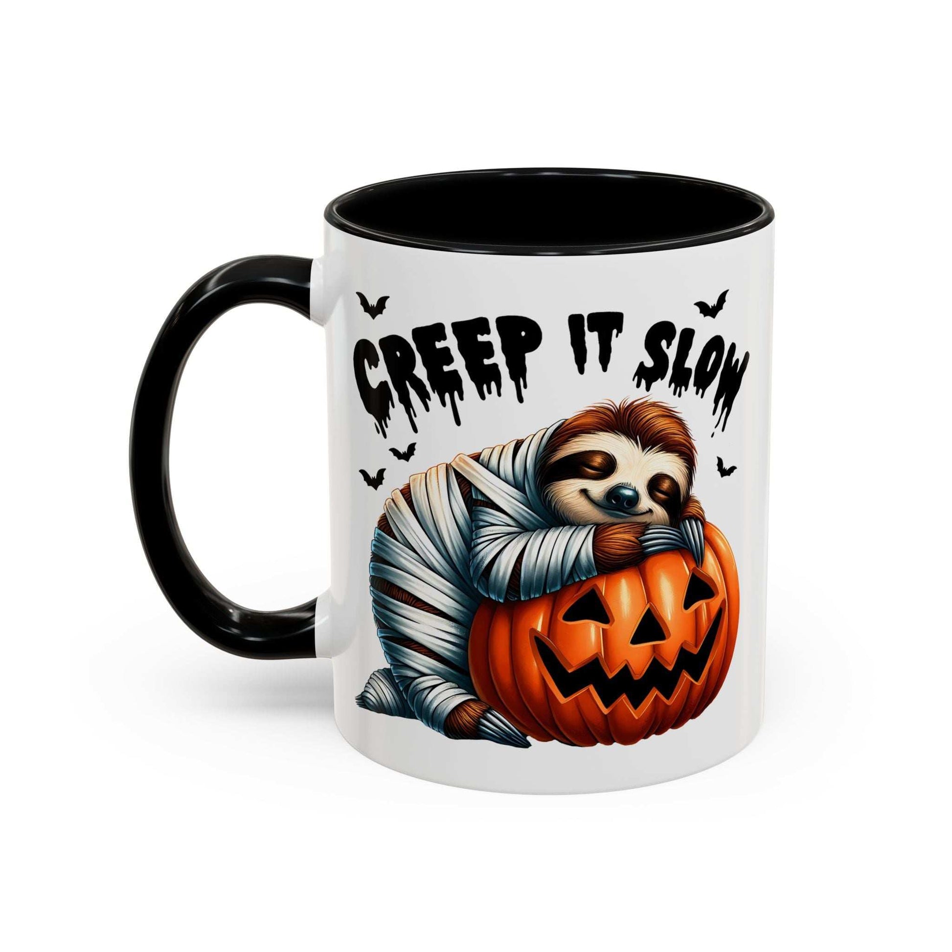 Printify Halloween Sloth Coffee Mug ceramic mug with black handle showing a mummy sloth hugging a jack o lantern