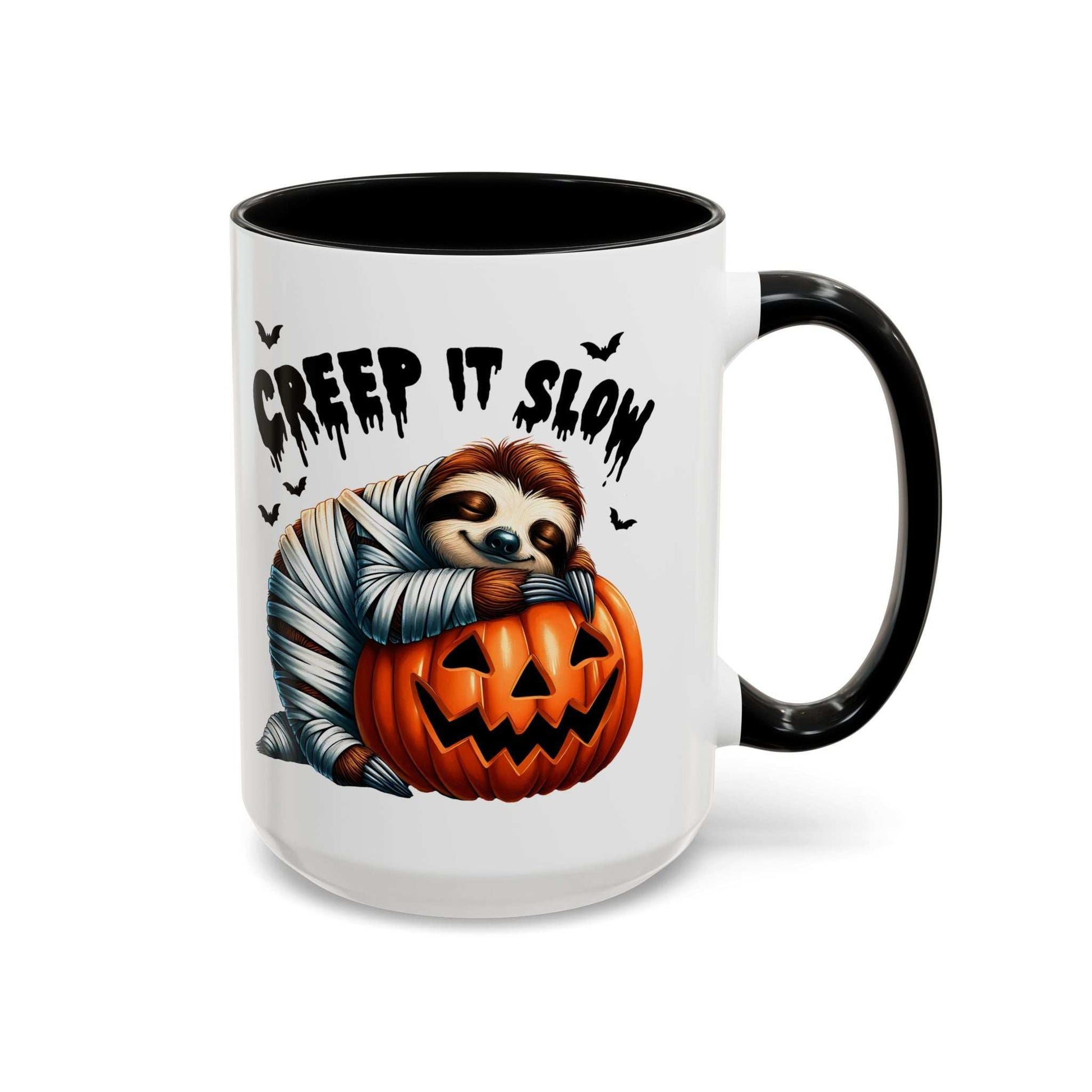 Halloween Sloth Coffee Mug featuring a mummy sloth hugging a carved jack o lantern pumpkin with bats and Creep It Slow