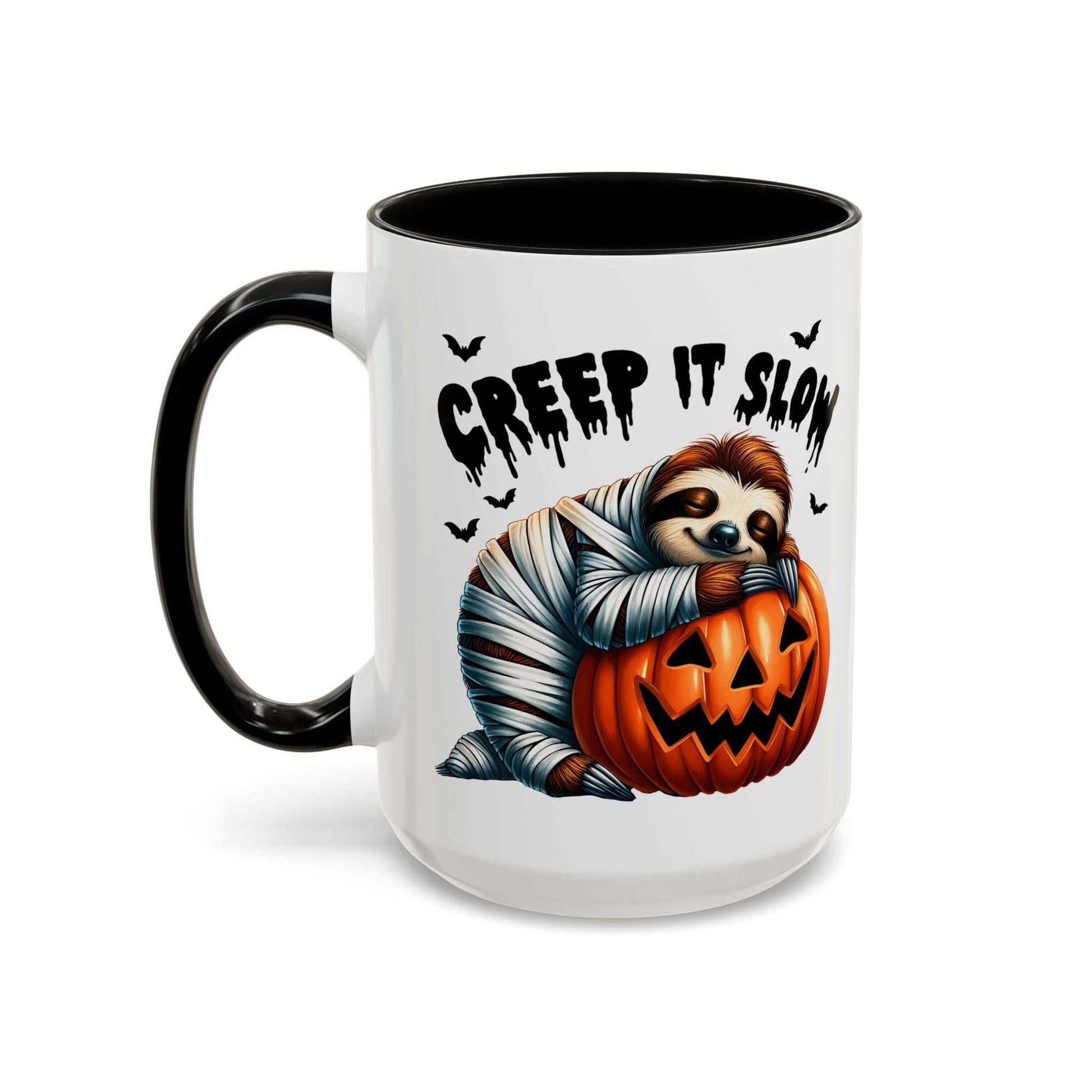 Halloween Sloth Coffee Mug white ceramic with black handle featuring a mummy sloth hugging a carved pumpkin