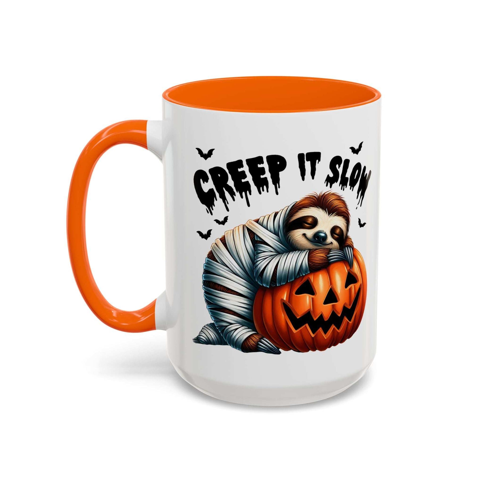 Halloween Sloth Coffee Mug white ceramic with orange handle and interior showing a mummy sloth hugging a jack o lantern