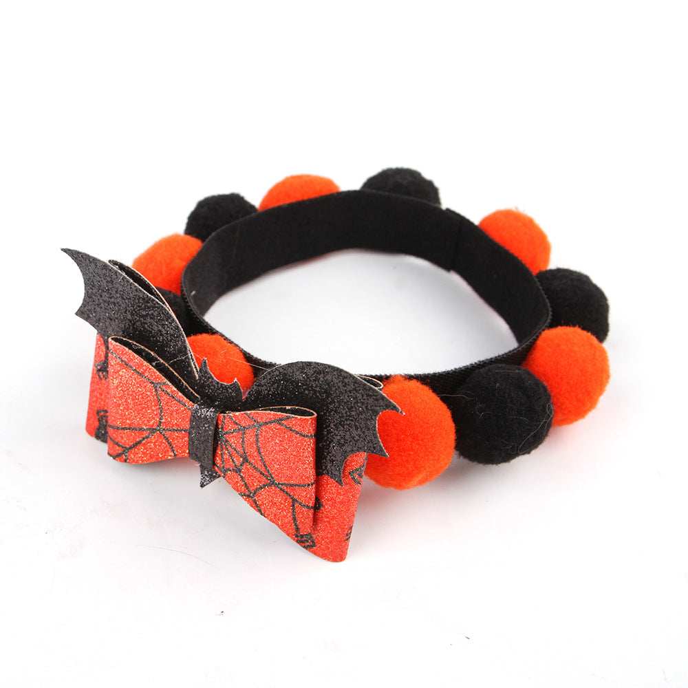 Dropshipman Pumpkin Pet Collar black and orange pompom Halloween collar with spiderweb bow and bat wings