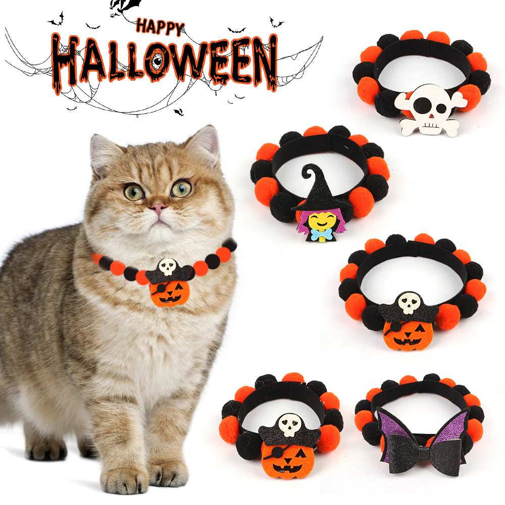 Cat wearing Dropshipman Pumpkin Pet Collar Halloween black and orange pom pom collar with pumpkin charm