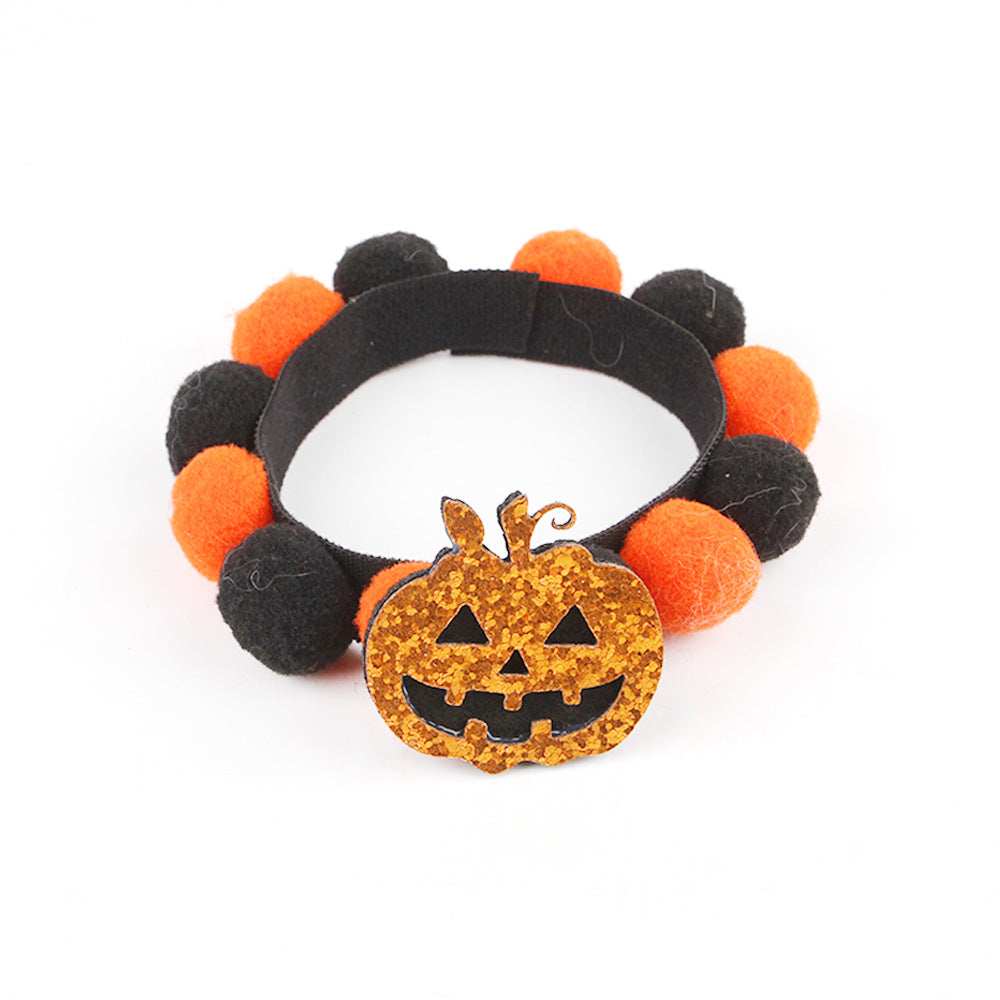 Dropshipman Pumpkin Pet Collar with black elastic band orange and black pom poms and glitter jack o lantern charm for pets
