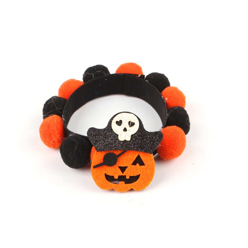Dropshipman Pumpkin Pet Collar with orange and black pom pom beads and pirate pumpkin charm for Halloween
