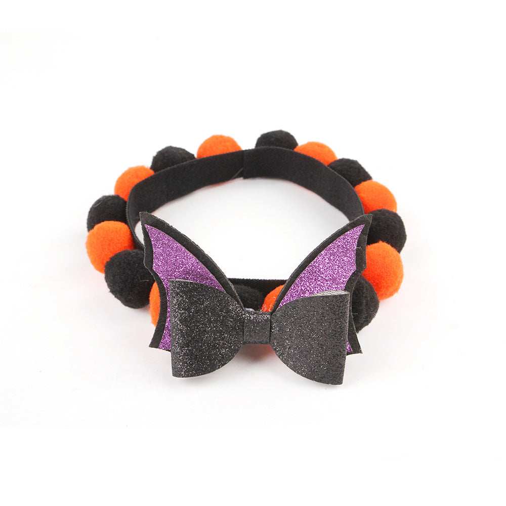 Pumpkin Pet Collar from Dropshipman black and orange pompom Halloween collar with glitter bat bow