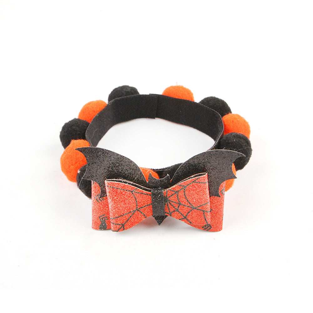 Pumpkin Pet Collar Halloween orange and black pom pom band with glitter spiderweb bow and bat wings