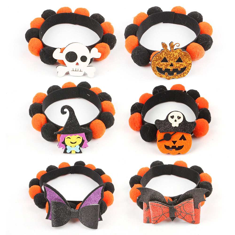 Pumpkin Pet Collar set by Dropshipman Halloween black and orange pom pom collars with pumpkin skull witch charms