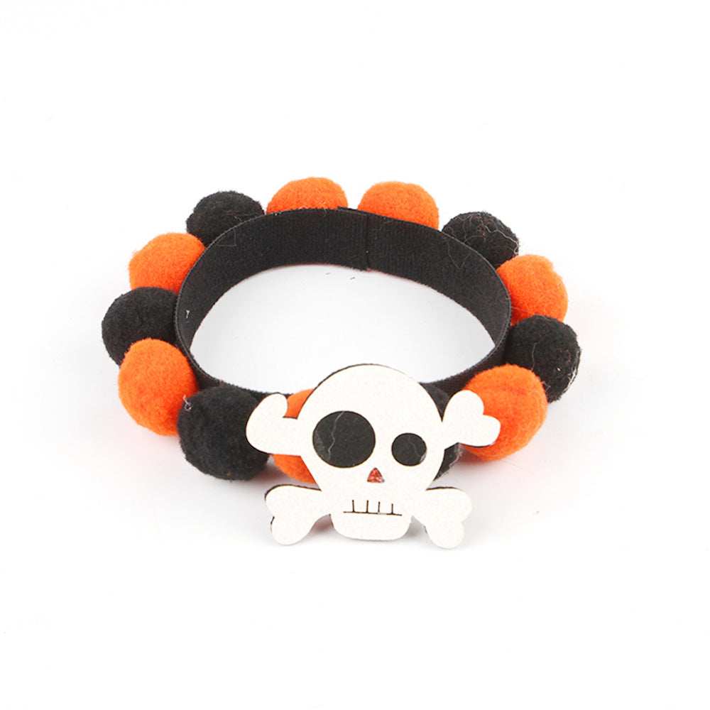 Pumpkin Pet Collar by Dropshipman Halloween black and orange pom pom band with skull charm for small pets