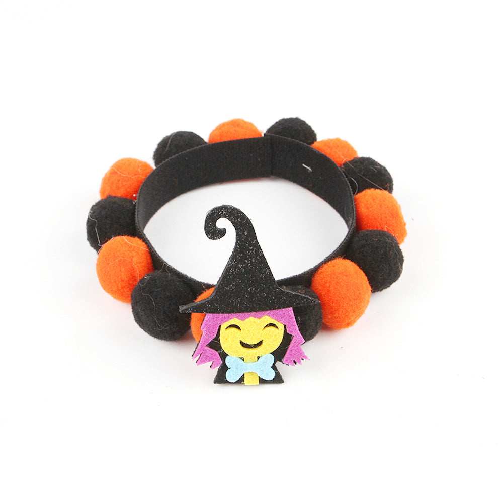 Dropshipman Pumpkin Pet Collar with orange and black pom poms and smiling witch charm for Halloween cats and dogs