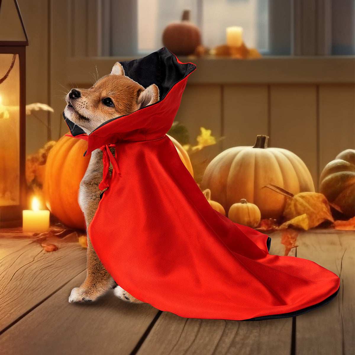 Dropshipman Spooky Halloween Pet Cloak on small brown puppy wearing red hooded cloak with pumpkins