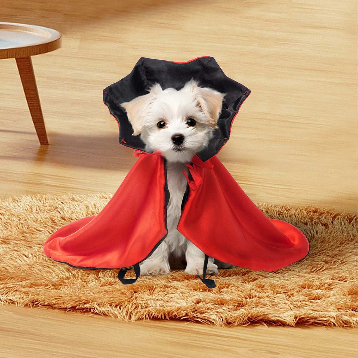 Spooky Halloween Pet Cloak red vampire cape on small white dog sitting on rug for pet costume