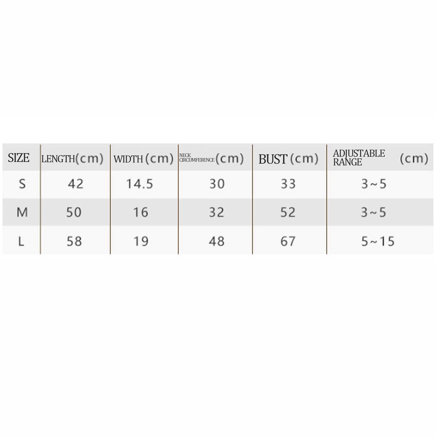 Dropshipman Halloween Bat Wings for Pets size chart showing S M L measurements length width neck bust adjustable range