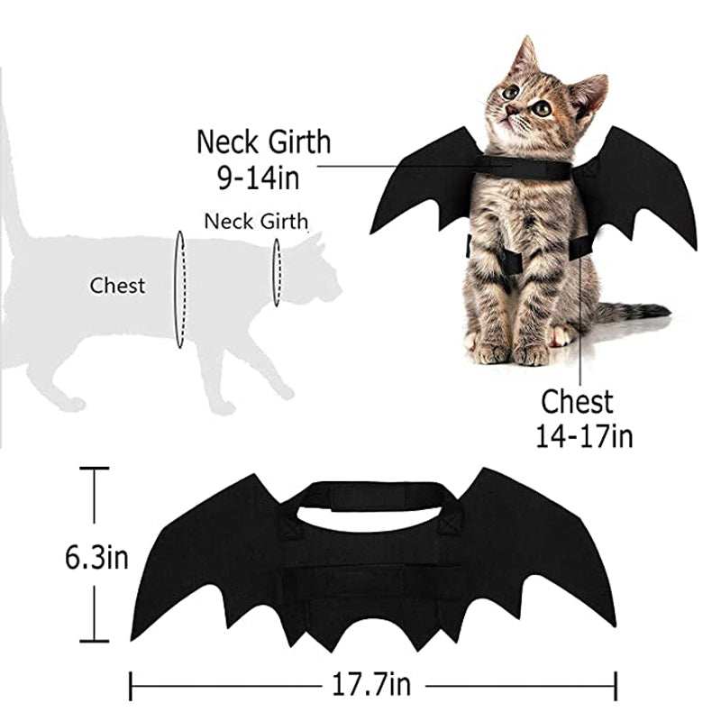 Halloween Bat Wings for Pets black costume wings on a cat with adjustable straps and size guide neck 9 to 14 in chest 14 to 17 in