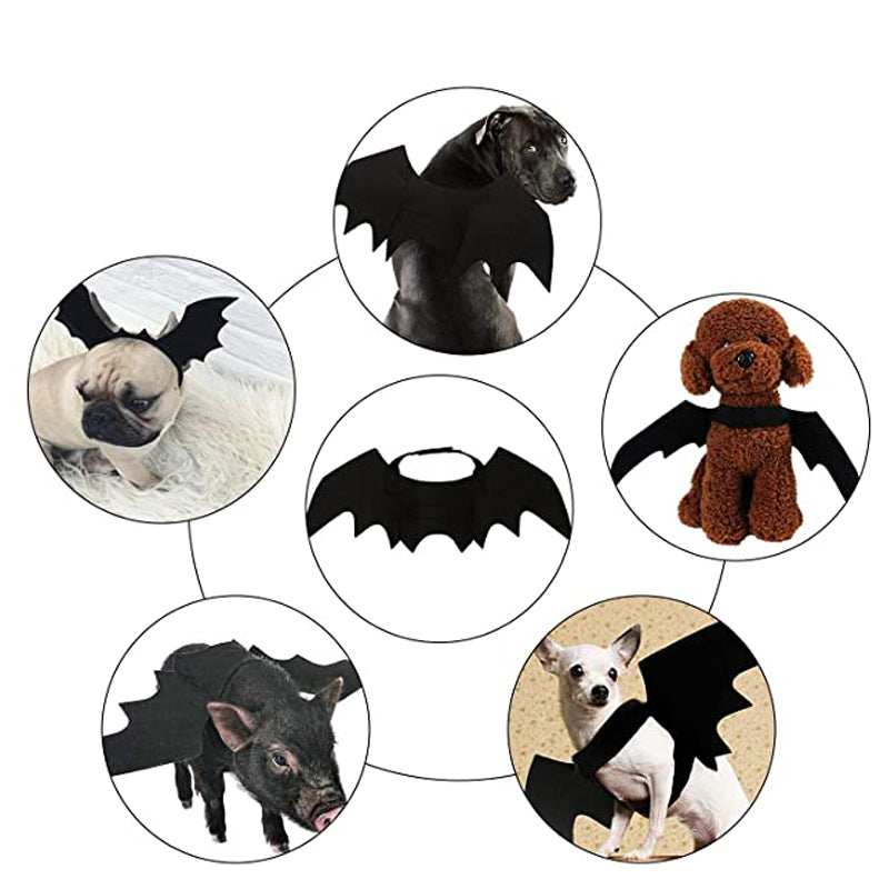 Dropshipman Halloween Bat Wings for Pets black fabric costume with elastic strap shown on dogs puppies and toy animals