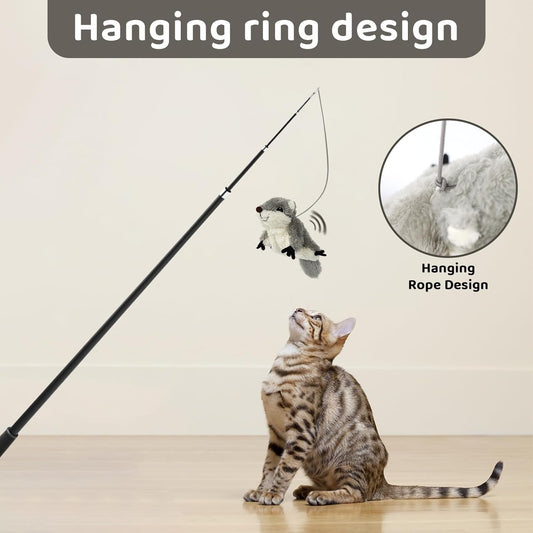 Wefulfil Squirrel Cat Catnip Toy hanging from a rod with a curious cat looking up playing indoors