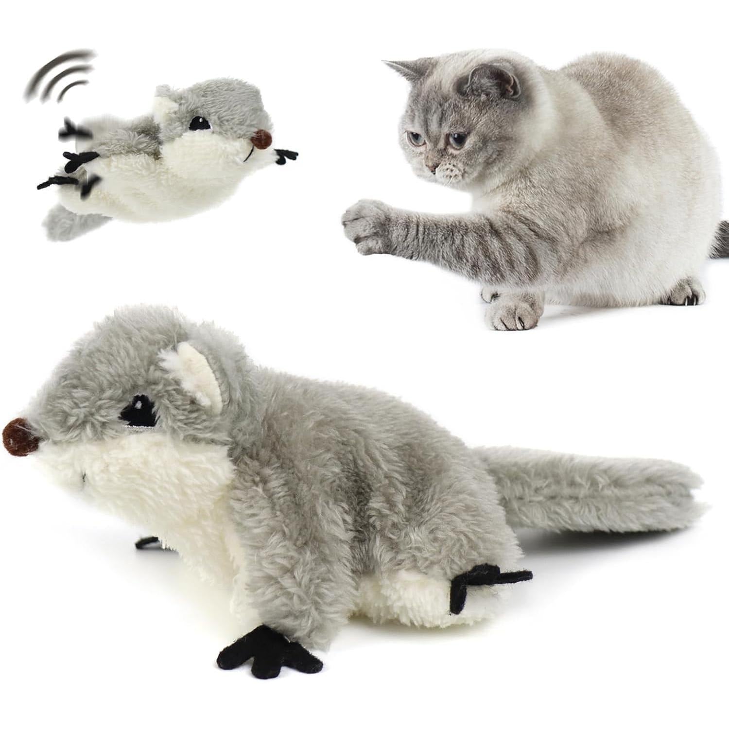 Wefulfil Squirrel Cat Catnip Toy in gray plush with interactive motion, shown with a playful cat