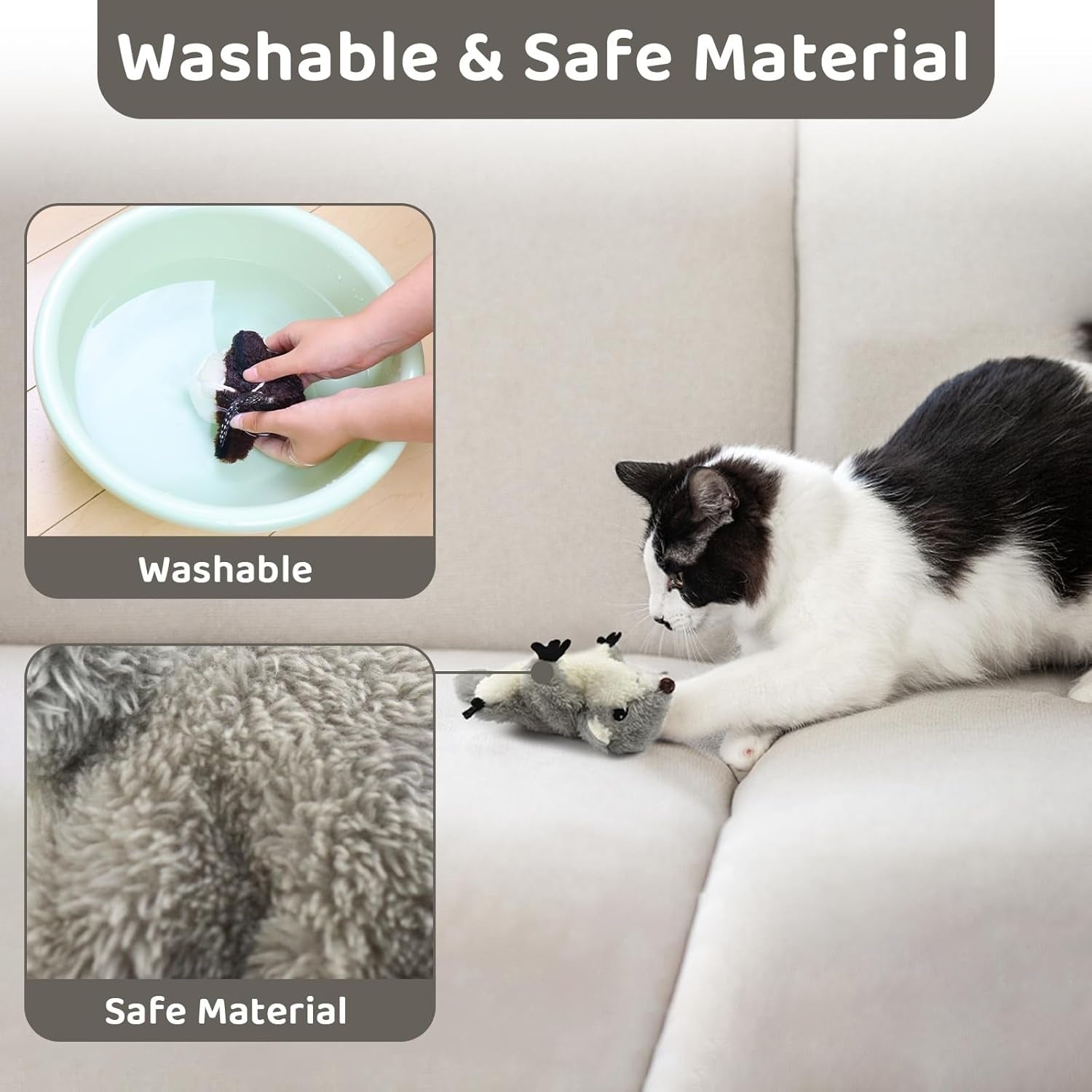 Cat playing with Wefulfil Squirrel Cat Catnip Toy on a couch showcasing washable and safe material features