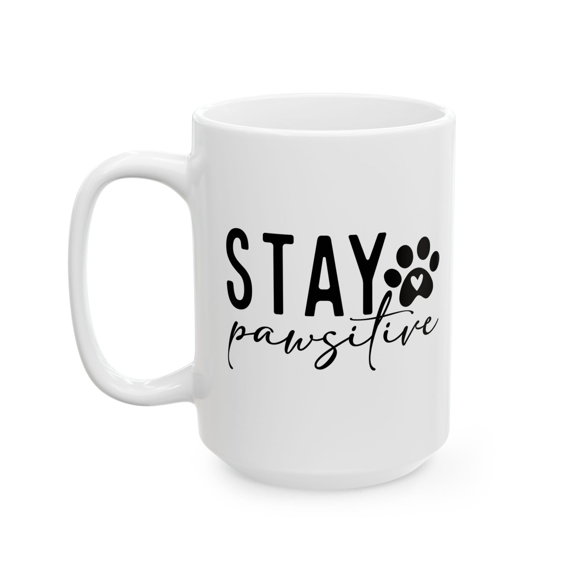 White ceramic Stay Pawsitive Mug with black paw print and text design by Printify