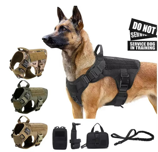 Wefulfil Tactical Service Dog Vest Harness in black and camo colors with training patches and accessories