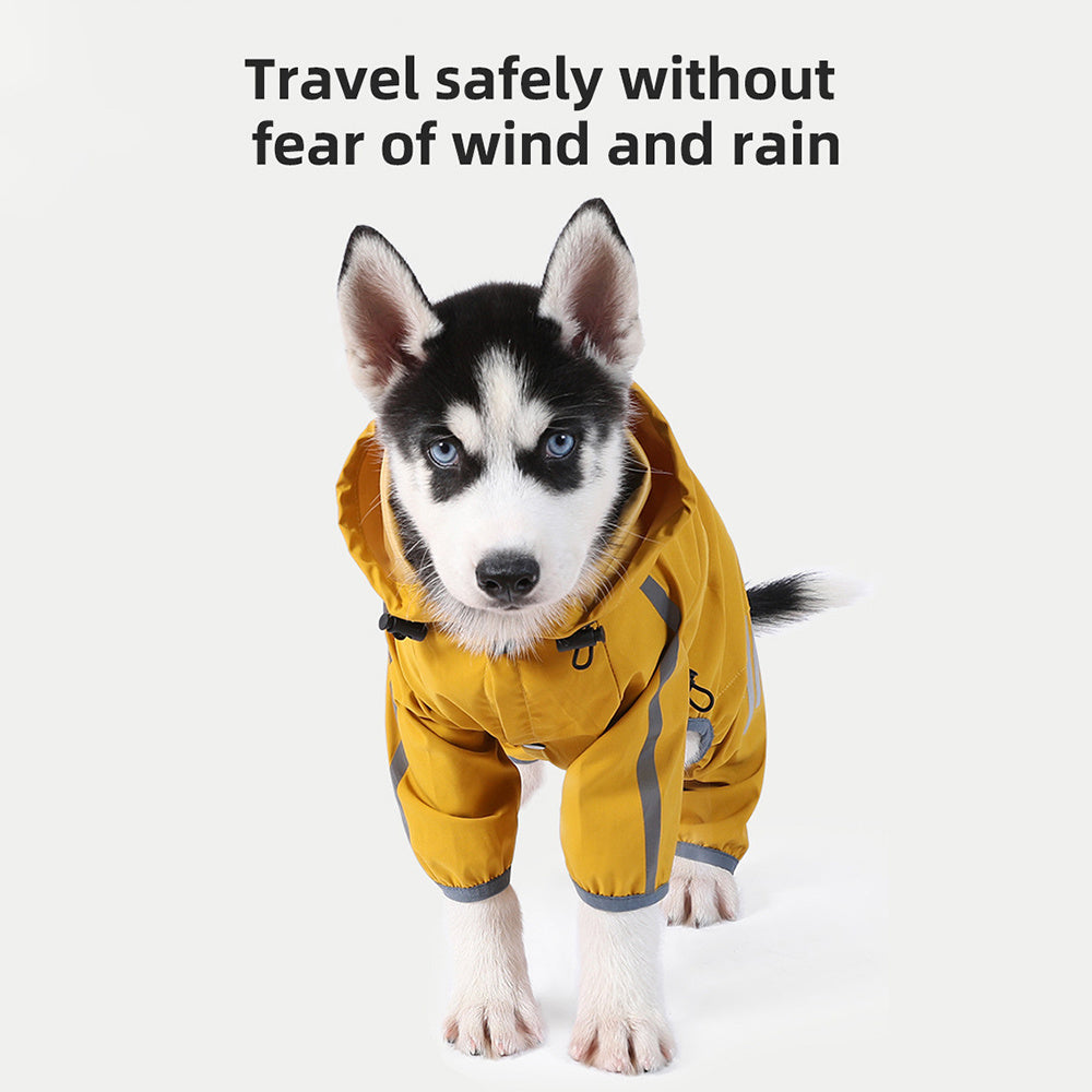 Wefulfil husky puppy wearing yellow waterproof dog raincoat with hood and reflective strips for outdoor walks