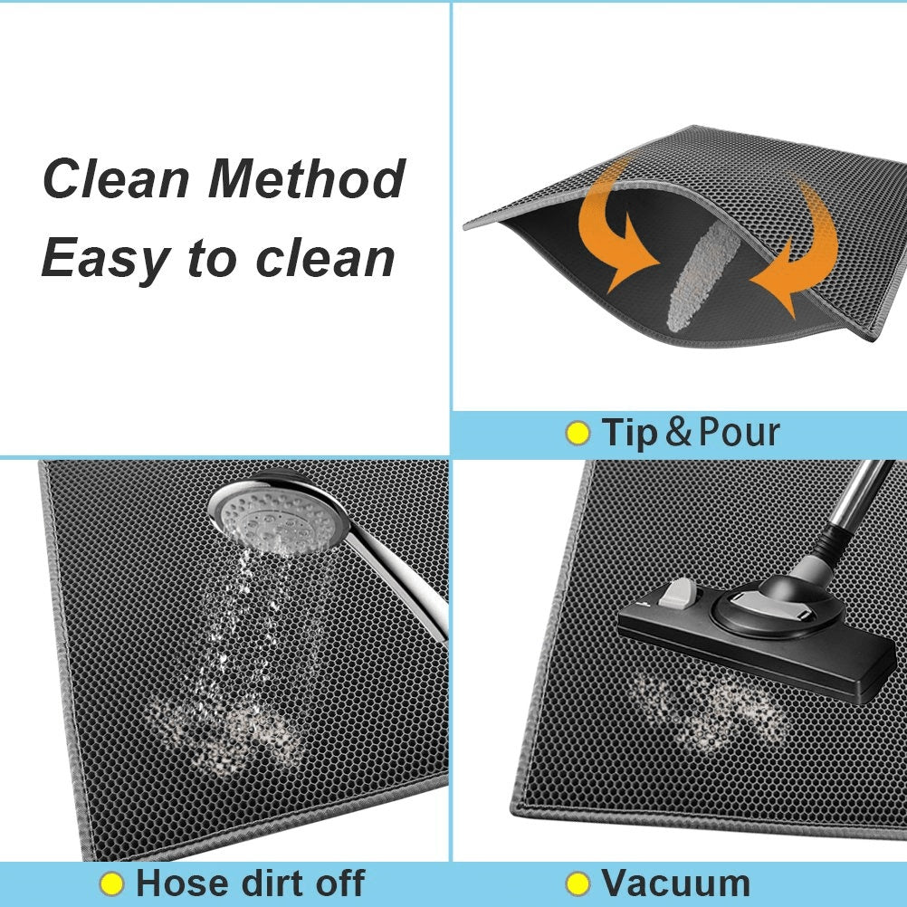Wefulfil Trapping Kitty Litter Mat showing easy cleaning features with tip and pour, hose rinse, and vacuum options