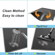 Wefulfil Trapping Kitty Litter Mat showing easy cleaning features with tip and pour, hose rinse, and vacuum options