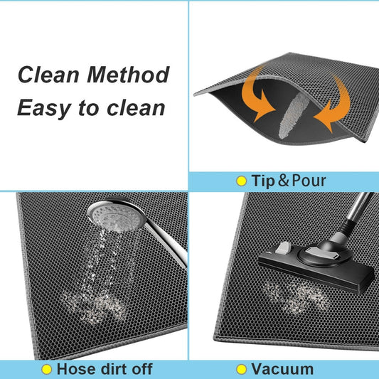 Wefulfil Trapping Kitty Litter Mat showing easy cleaning features with tip and pour, hose rinse, and vacuum options