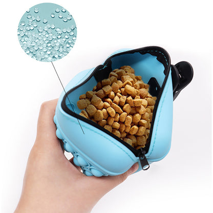 Wefulfil blue Treat Pouch Bag filled with pet treats held in hand showing water-resistant silicone material