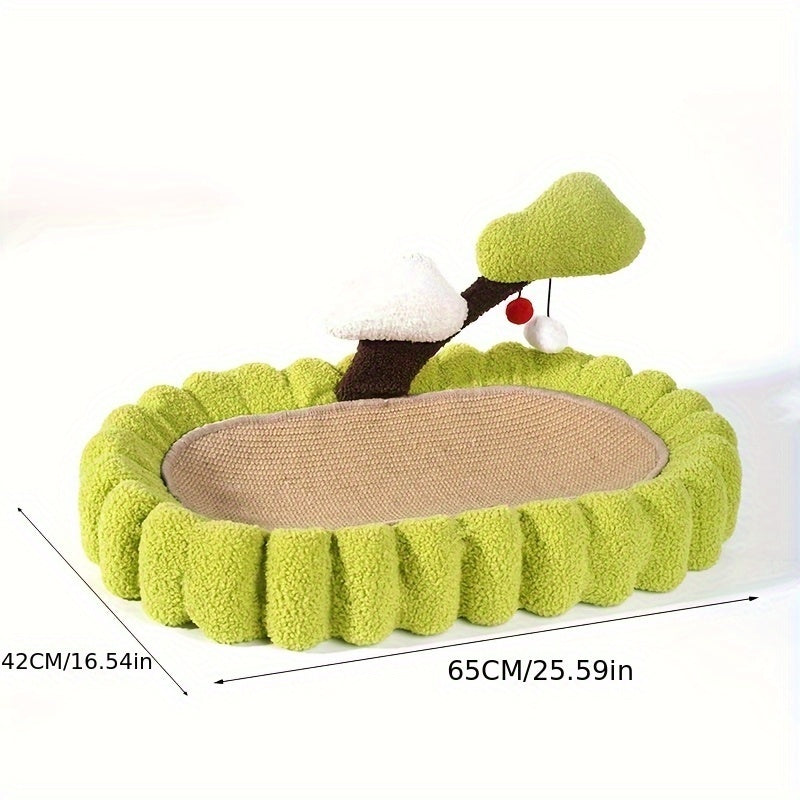 Wefulfil Tree Scratching Post with plush green base and toy hanging from tree branch