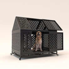 Wefulfil heavy duty dog crate in black metal house design with ventilated panels and caster wheels