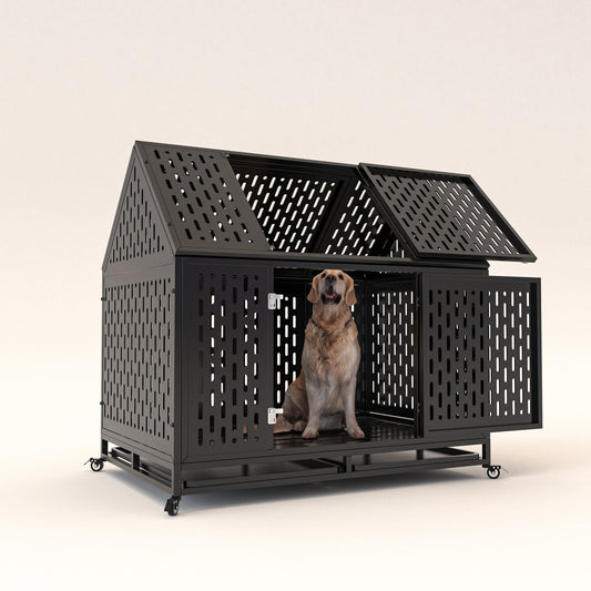 Wefulfil heavy duty dog crate in black metal house design with ventilated panels and caster wheels