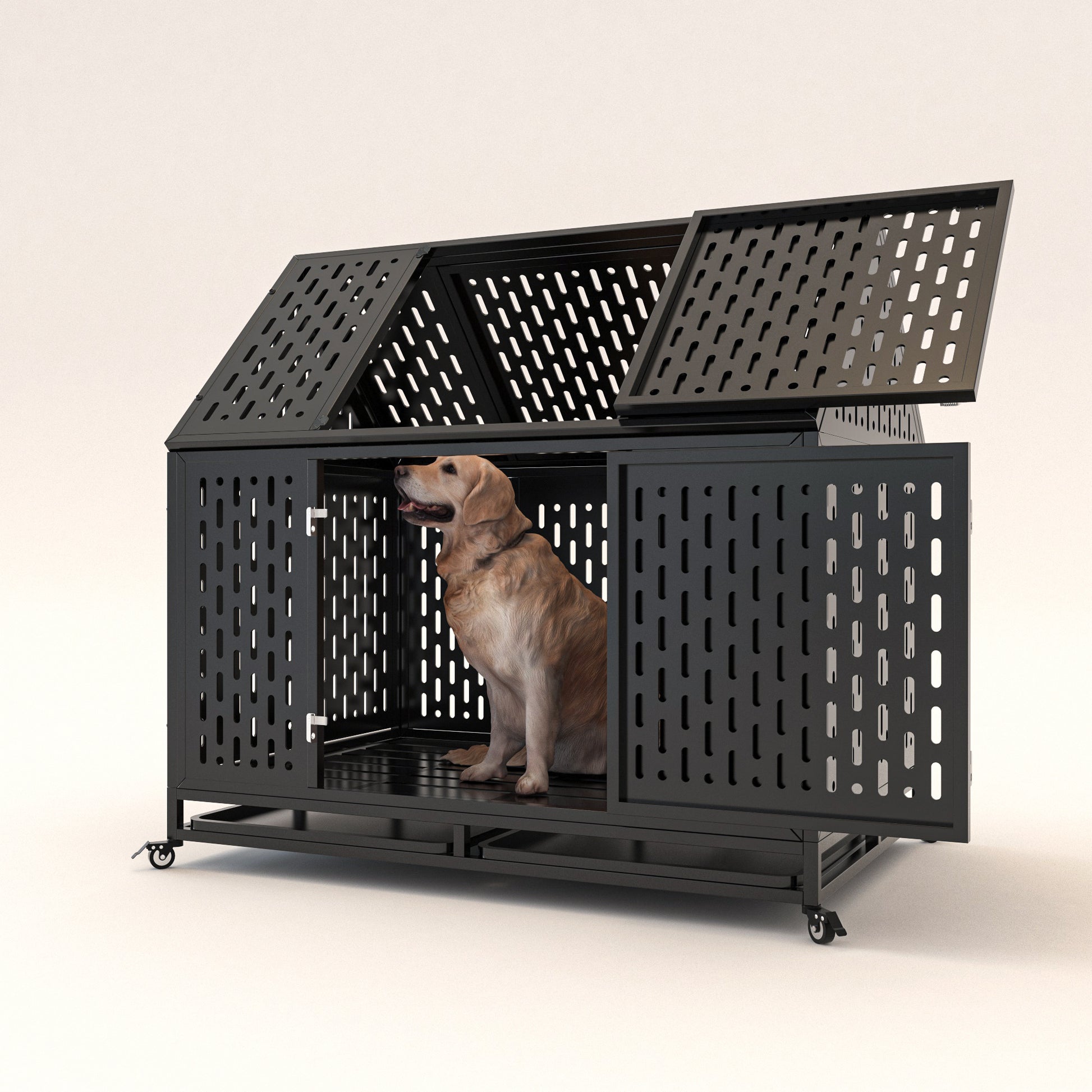 Wefulfil heavy duty dog crate metal kennel with casters and top access doors housing a Labrador