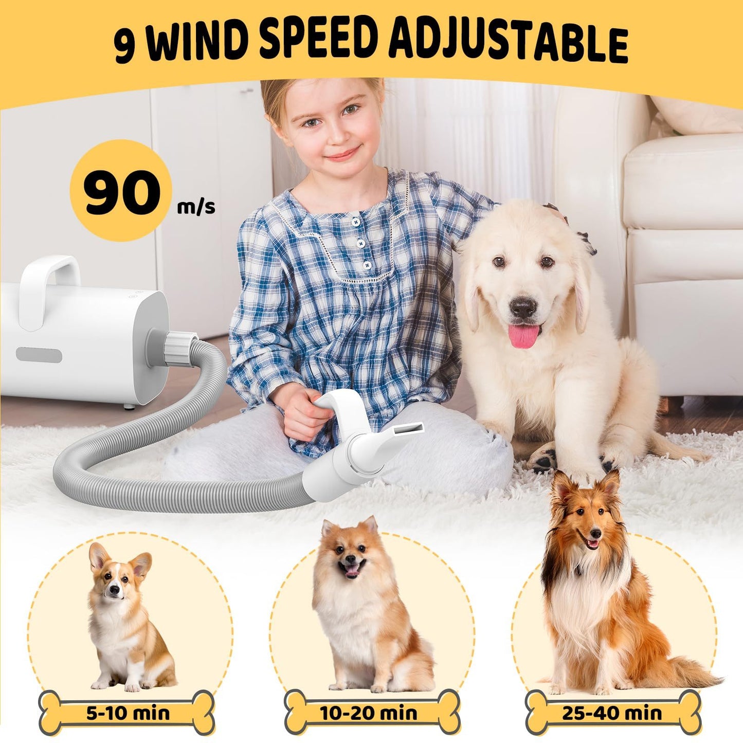 Wefulfil Pet Grooming Vacuum Cleaner with adjustable 9 wind speeds shown with girl grooming dog indoors