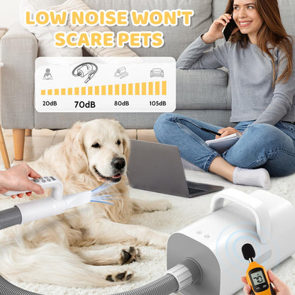 Wefulfil Pet Grooming Vacuum Cleaner with low noise level safe for pets shown grooming a golden retriever