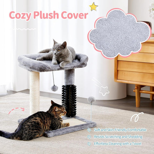 Wefulfil 4-in-1 cat tree tower in gray plush with elevated bed, sisal post, paw friendly base and dangling pom toys