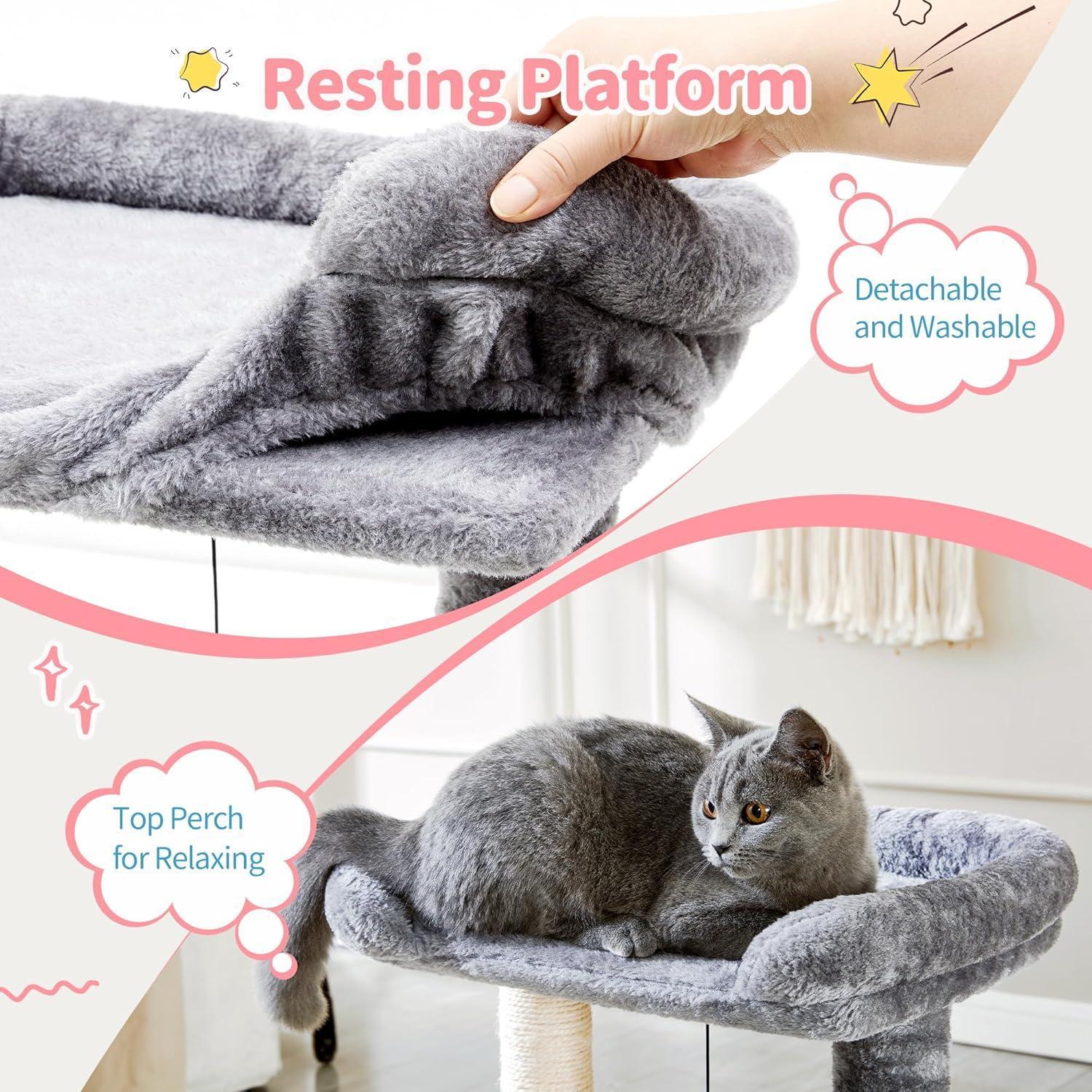 Wefulfil 4-in-1 cat tree tower with detachable washable gray plush resting platform and top perch showing lounging cat