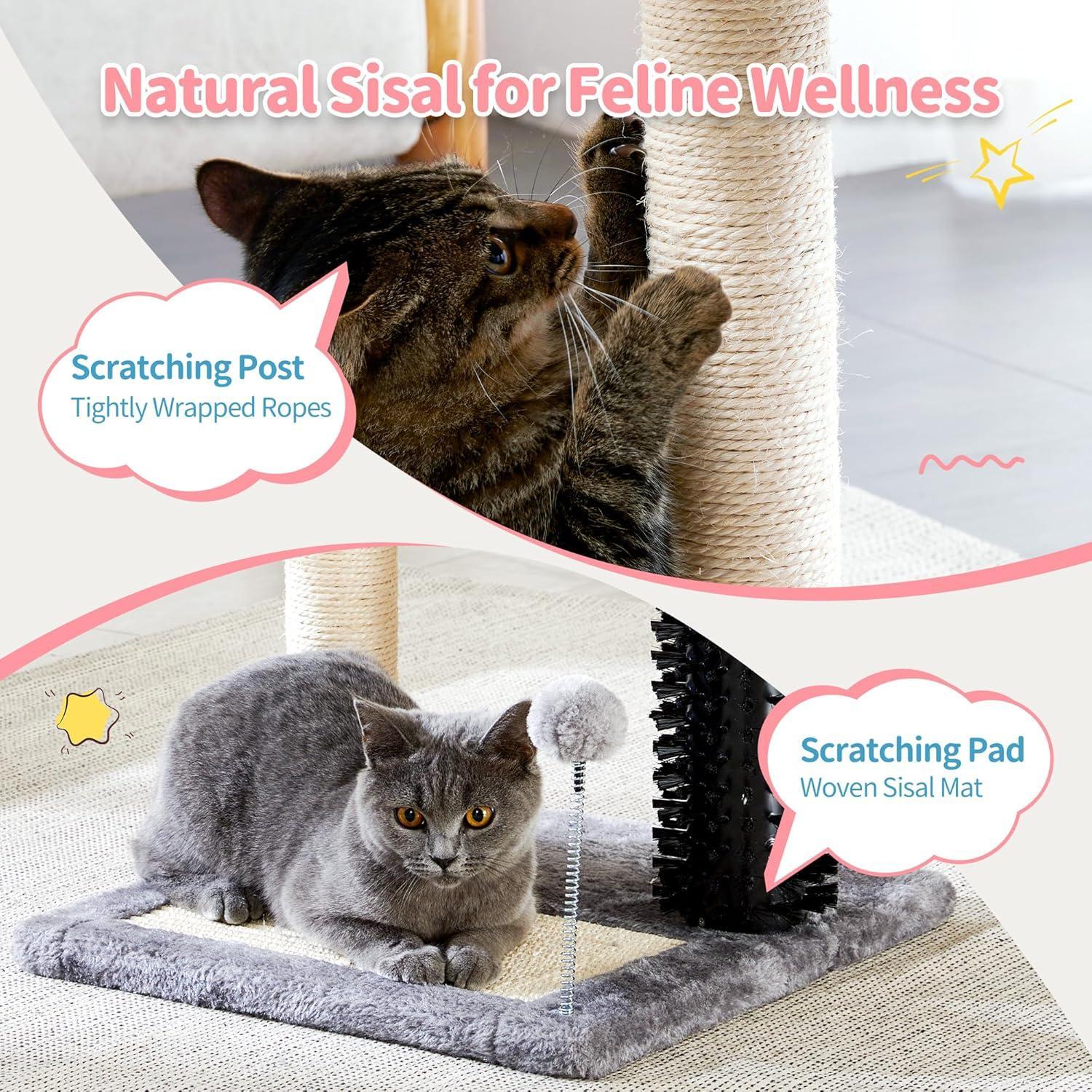 Wefulfil 4-in-1 cat tree tower with sisal scratching post woven mat scratching pad and dangling pom toy
