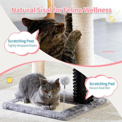 Wefulfil 4-in-1 cat tree tower with sisal scratching post woven mat scratching pad and dangling pom toy