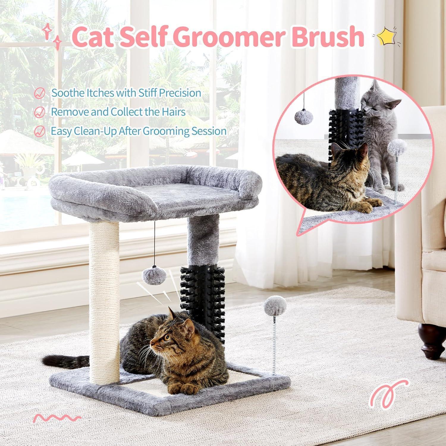 Wefulfil 4-in-1 cat tree tower in gray with plush top bed sisal scratching posts grooming brush and dangling toys and two cats