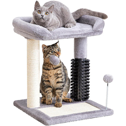 Wefulfil 4-in-1 cat tree tower in gray plush with sisal post grooming brush dangling pom poms