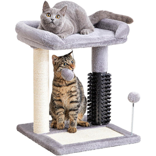 Wefulfil 4-in-1 cat tree tower in gray plush with sisal post grooming brush dangling pom poms