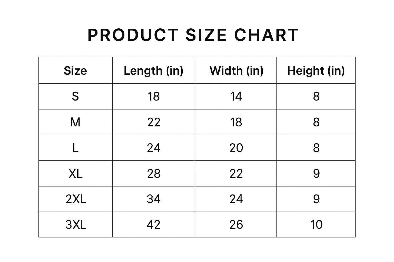Updated Product Size Chart