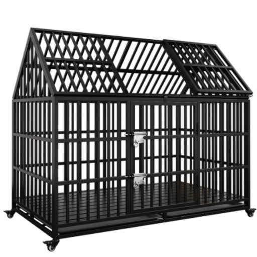 Wefulfil black steel Dog Crate For Large Dogs with house style roof double locking doors and caster wheels
