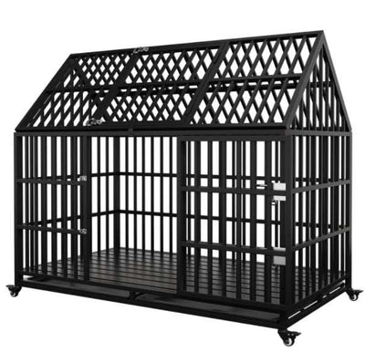 Wefulfil black heavy duty metal dog kennel with peaked roof wheels and removable tray Dog Crate For Large Dogs