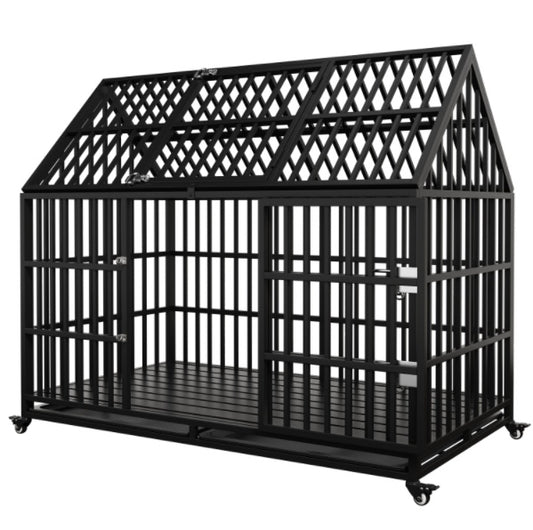 Wefulfil black heavy duty metal dog kennel with peaked roof wheels and removable tray Dog Crate For Large Dogs