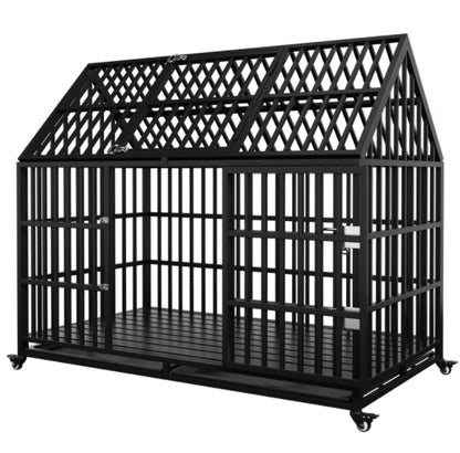 Wefulfil black heavy duty steel Dog Crate For Large Dogs with peaked roof wheels and slide tray