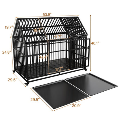 Wefulfil black metal house style Dog Crate For Large Dogs with wheels and two removable plastic trays