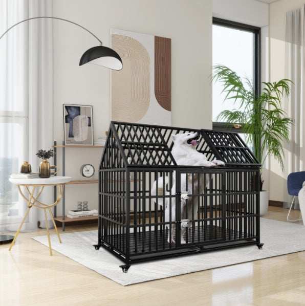 Wefulfil Dog Crate For Large Dogs black metal house style kennel with wheels in modern living room