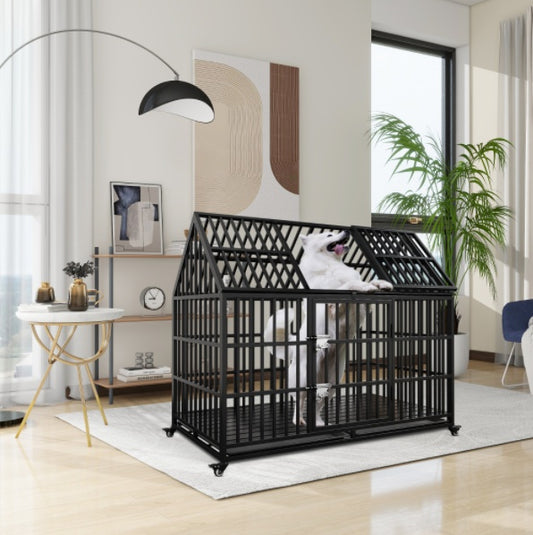 Wefulfil Dog Crate For Large Dogs black metal house style kennel with wheels in modern living room