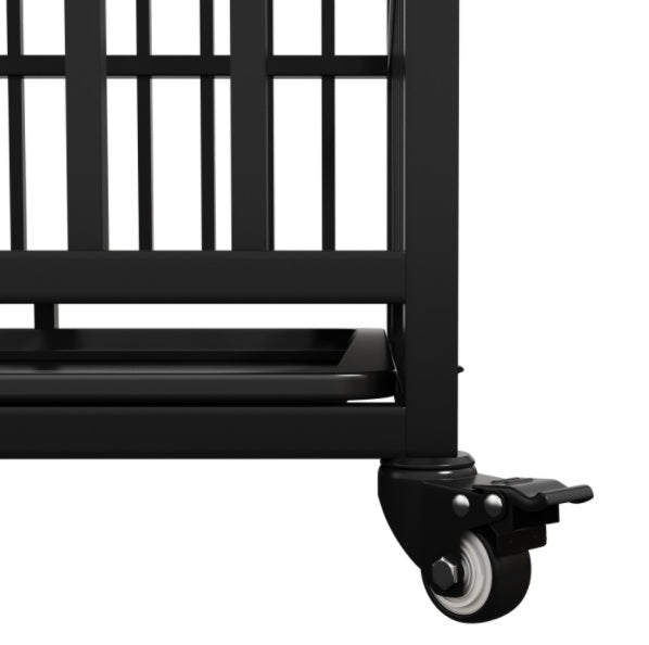 Wefulfil black metal Dog Crate For Large Dogs corner close up showing caster wheel and removable tray